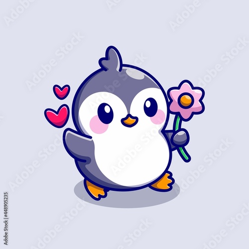 Cute penguin with pink flower cartoon
