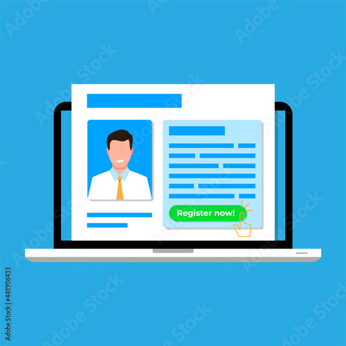 sign up, digital registration form on laptop screen, register now concept illustration flat design vector eps10. modern graphic element for landing page, empty state ui, infographic, icon