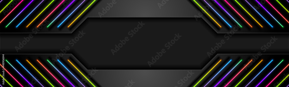 Black tech abstract banner design with colorful neon glowing light. Concept modern futuristic wide background. Vector illustration Black tech abstract banner design with colorful neon glowing light. Concept modern futuristic wide background. Vector illustration