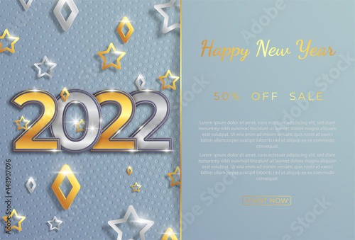 Christmas and New Year banners with 3d gold and silver trinkets. 2022 numbers with gray background. Vector illustration. Winter vacation