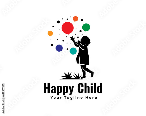 Silhouette children playing balloons playground logo template illustration inspiration