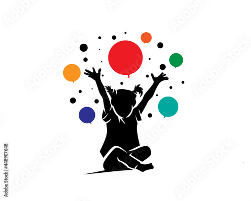 happy expression child fun playing balloons silhouette logo template illustration inspiration