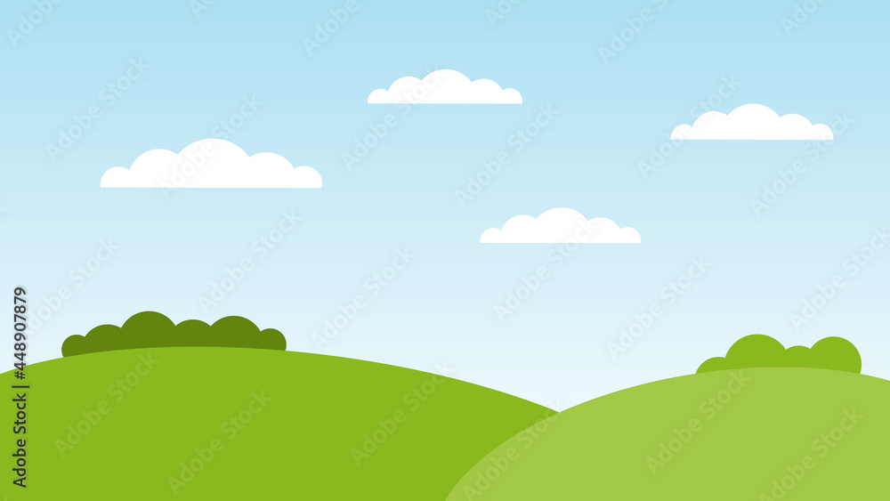 landscape cartoon scene with green hills and white cloud in summer blue sky background with copy space