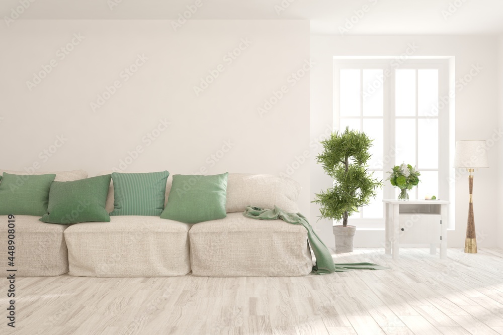 Naklejka premium White living room with sofa. Scandinavian interior design. 3D illustration