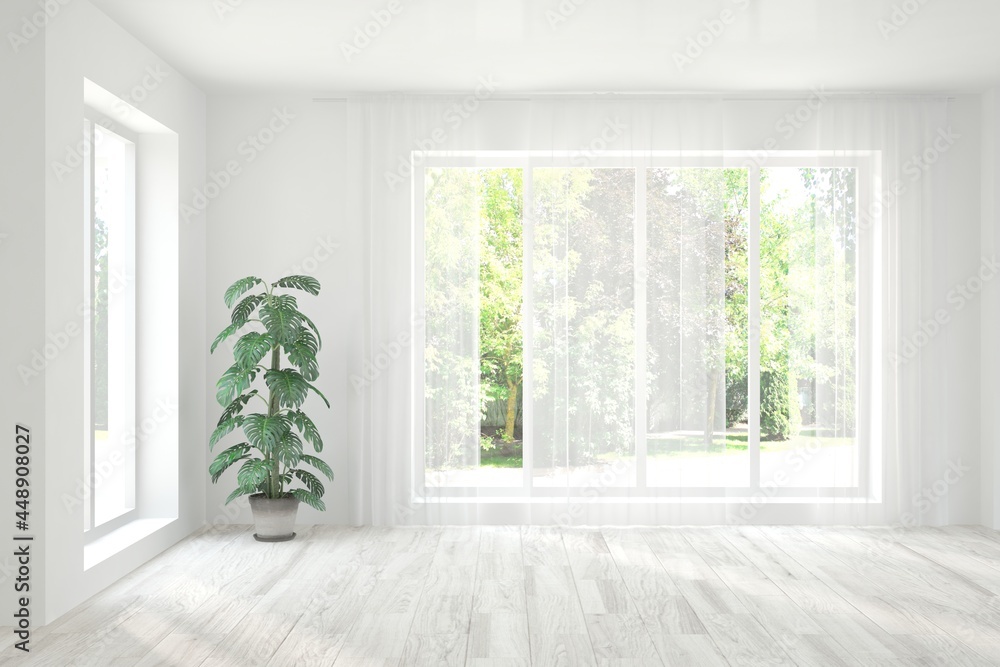 White empty room with summer landscape in window. Scandinavian interior design. 3D illustration White empty room with summer landscape in window. Scandinavian interior design. 3D illustration