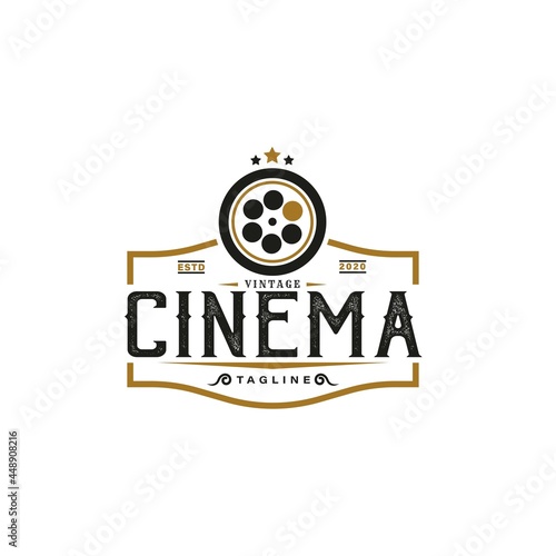 Vintage Retro Logo Style for Cinema Studio Production Logo. With gold and black film reel stripes, and filmstrip roll tapes. Premium and Luxury Movie Logo
