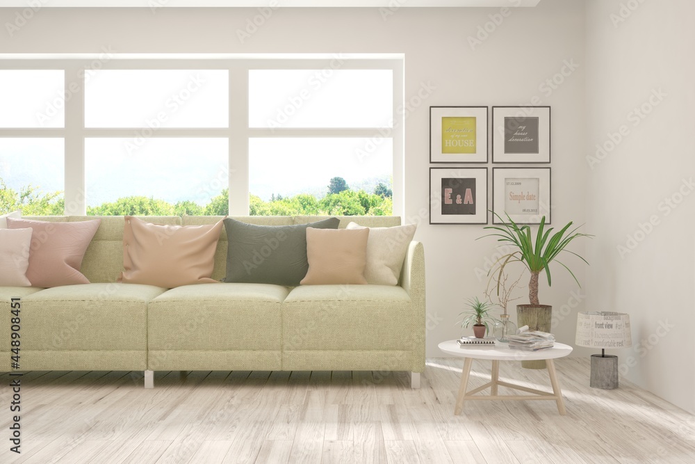 Stylish room in white color with sofa and summer landscape in window. Scandinavian interior design. 3D illustration Stylish room in white color with sofa and summer landscape in window. Scandinavian interior design. 3D illustration