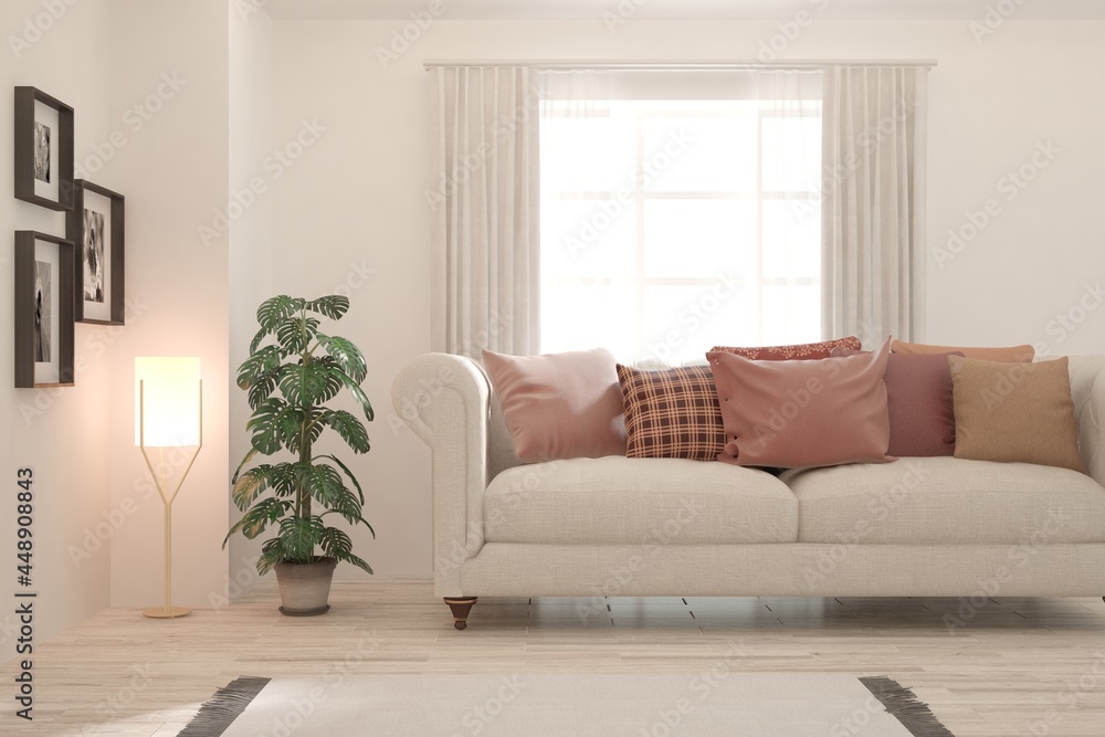 Fototapeta premium White living room with sofa. Scandinavian interior design. 3D illustration