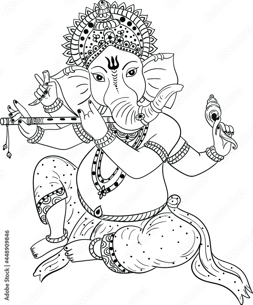 Indian wedding card clip art Lord Ganesha. God Ganpati line art black ...