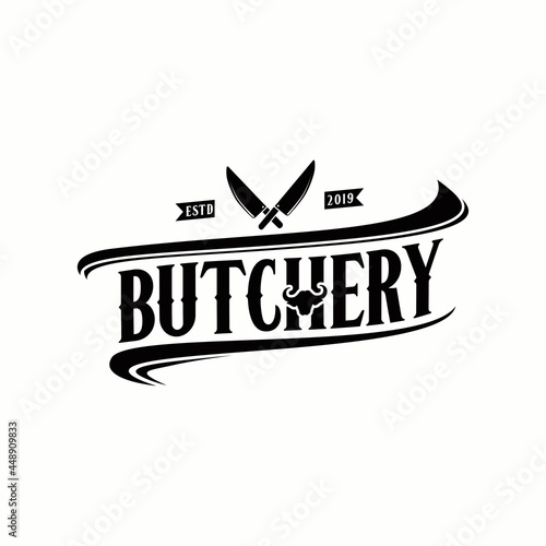 Vintage Retro Butcher shop label logo design with crossed cleavers