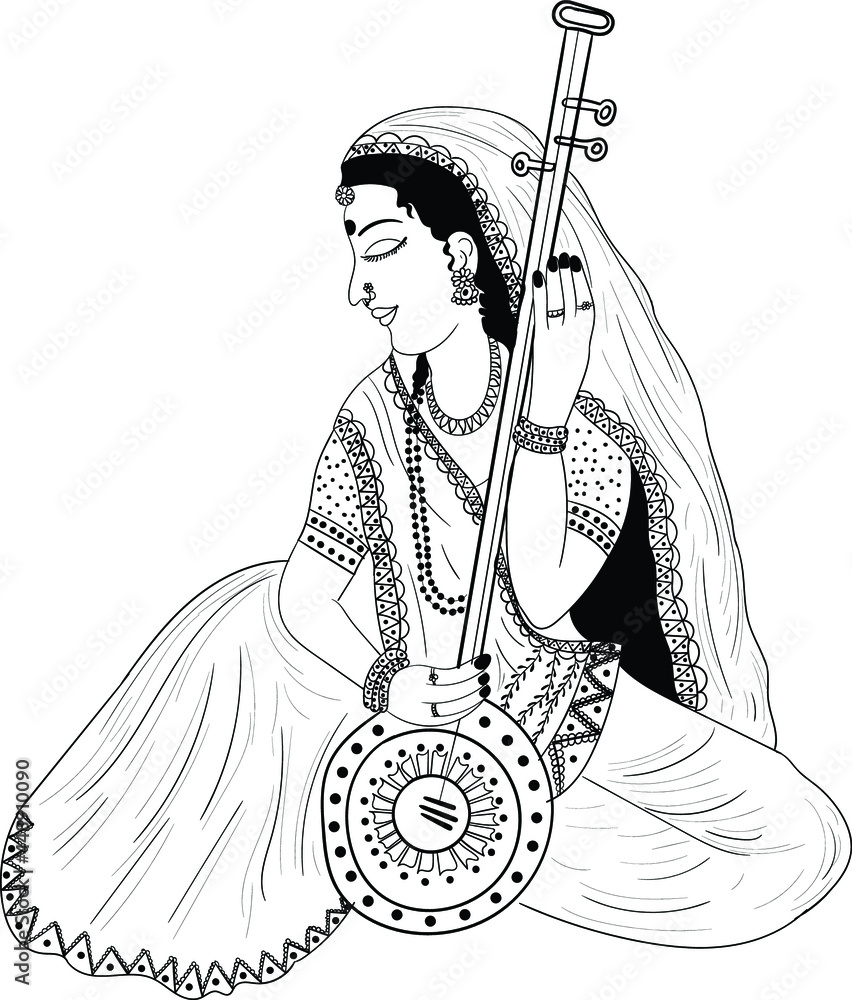 Indian wedding clip art of woman playing sitar with hands, black and white line drawing