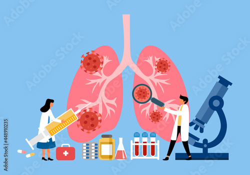 Doctor with human lung disease treatment and medicine  in flat design. Pulmonary disease therapy.