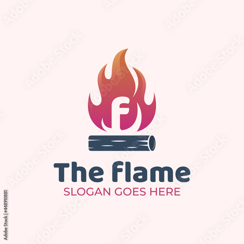 letter F with flame or firewood for campfire outdoors logo design