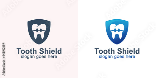 protection of healthy teeth with braces and shield symbol for dental care or dentists logo design