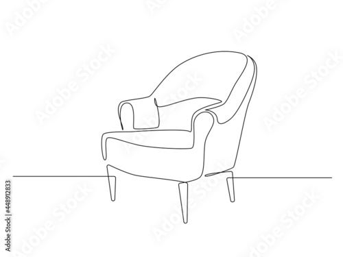 Continuous one line drawing of armchair. Scandinavian stylish furniture in simple Linear style. Doodle vector illustration
