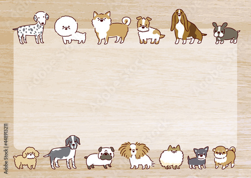 Illustration frame of various kinds of cute dogs / wood grain / horizontal／いろいろな種類のかわいい犬たちのイラストフレーム／木目調・横