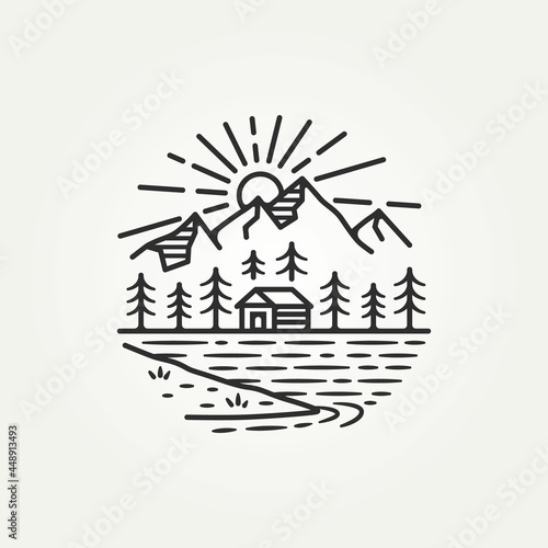 landscape mountain outdoor adventure hand draw sketch line art logo template vector illustration design. simple modern cottage or cabin travel, exploration, and expedition concept