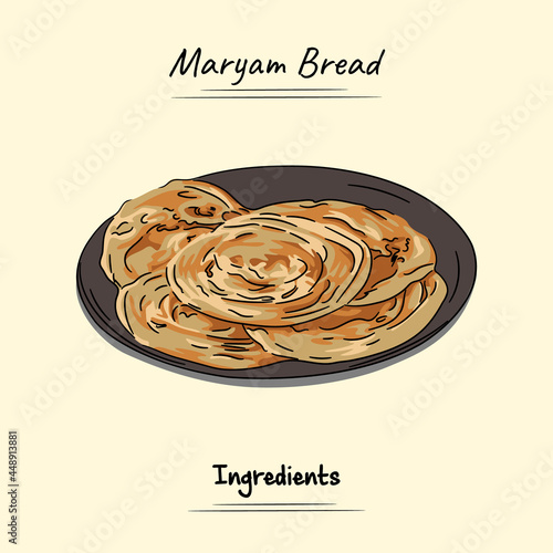 Maryam Bread Illustration Sketch and Vector Style. Traditional Food From Aceh. Good to use for restaurant menu, recipe book, asian food and food concept.