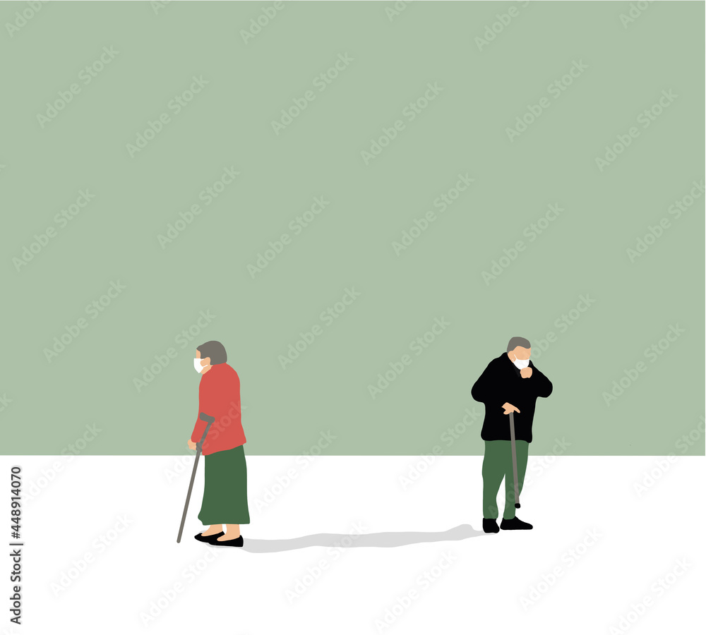 Senior People walking on street. Wearing mask while walking and keep social distancing due to Coronavirus (COVID-19). New normal concept . Flat vector illustration. Senior People walking on street. Wearing mask while walking and keep social distancing due to Coronavirus (COVID-19). New normal concept . Flat vector illustration.