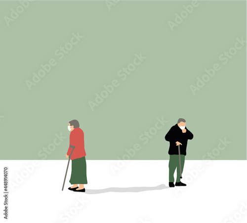 Senior People walking on street. Wearing mask while walking and keep social distancing due to Coronavirus (COVID-19). New normal concept . Flat vector illustration. © Warunporn