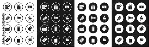 Set Shopping cart on screen laptop, Human hand holding with credit card, Paper check financial check, Add, Gift box, Blank label template price tag and Credit icon. Vector