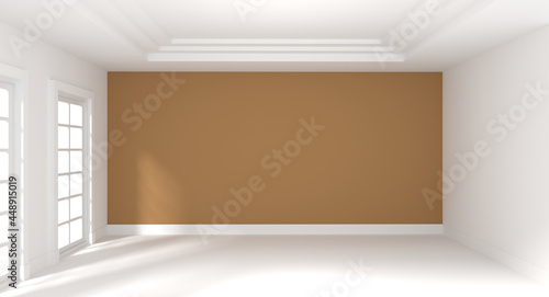 Classical empty room interior 3d render,The rooms have white floors , brown wall and white ceiling,decorate with white molding,there are white window .illustration.