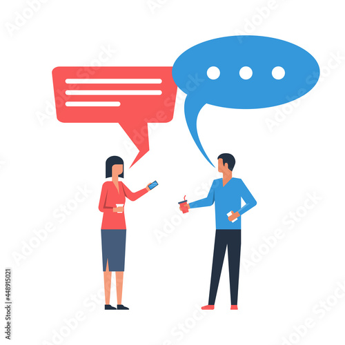 Business people talking. Man and woman are talking. Business negotiations. Work discussion. Corporate meeting. Discussion of news and trends. Vector flat. Dialogue speech bubbles. Template for speech.