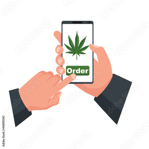 Medical marijuana. Buy Marijuana online. Young modern man orders hemp on a web site. Smartphone in hand and green leaf of hashish. Vector illustration flat design.