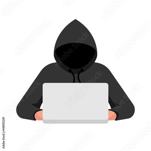 Hacker on a laptop. Hacker attack concept. Personal data security. Computer security. Crime on the Internet. Vector illustration flat design. Isolated on white background.