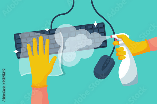 Disinfection of a computer. Man wipes the keyboard and mouse with a napkin. Cleaning surface. Hygiene home. Cleaning and disinfection. Vector illustration flat design. Housekeeping service concept.