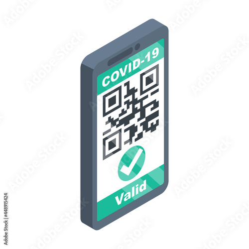 Phone with International Certificate of Vaccination Covid-2019. Valid Certificate. Digital passport vaccination. Vector flat. Isolated on background. Smartphone in hand. QR code.