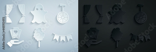 Set Cotton candy, Unicycle or one wheel bicycle, Hand holding playing cards, Carnival garland with flags, Ghost and Curtain icon. Vector