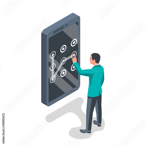 Unlock screen. A man holds a smartphone in hand. Finger touching the screen. Graphic pattern as a symbol of protection. Safety of phone, mobile protection. Vector illustration isometric design.