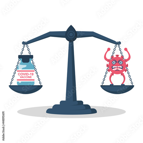 Vaccine or coronavirus. Ampoule with a coronavirus vaccine and bacterium on scales. Choice of health or illness. Vector illustration flat design. Isolated on white background. Covid-19 concept.