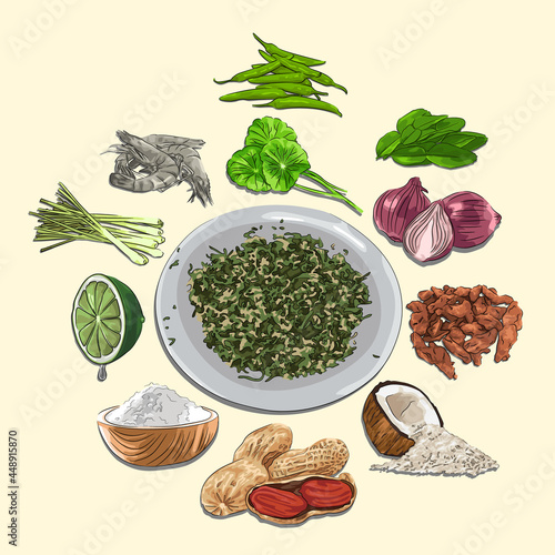 Payeh Engkout And Ingredients Illustration, Sketch And Vector Style, Traditional Food From Aceh, Good to use for restaurant menu. Indonesian food recipe book, and food concept. photo