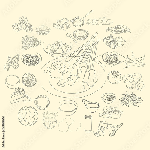 Sate Matang And Ingredients Illustration Sketch Style  Traditional Food From Aceh  Good to use for restaurant menu  Indonesian food recipe book  and food content.