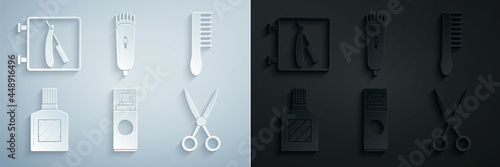 Set Shaving gel foam, Hairbrush, Aftershave, Scissors hairdresser, Electrical clipper shaver and Barbershop with razor icon. Vector