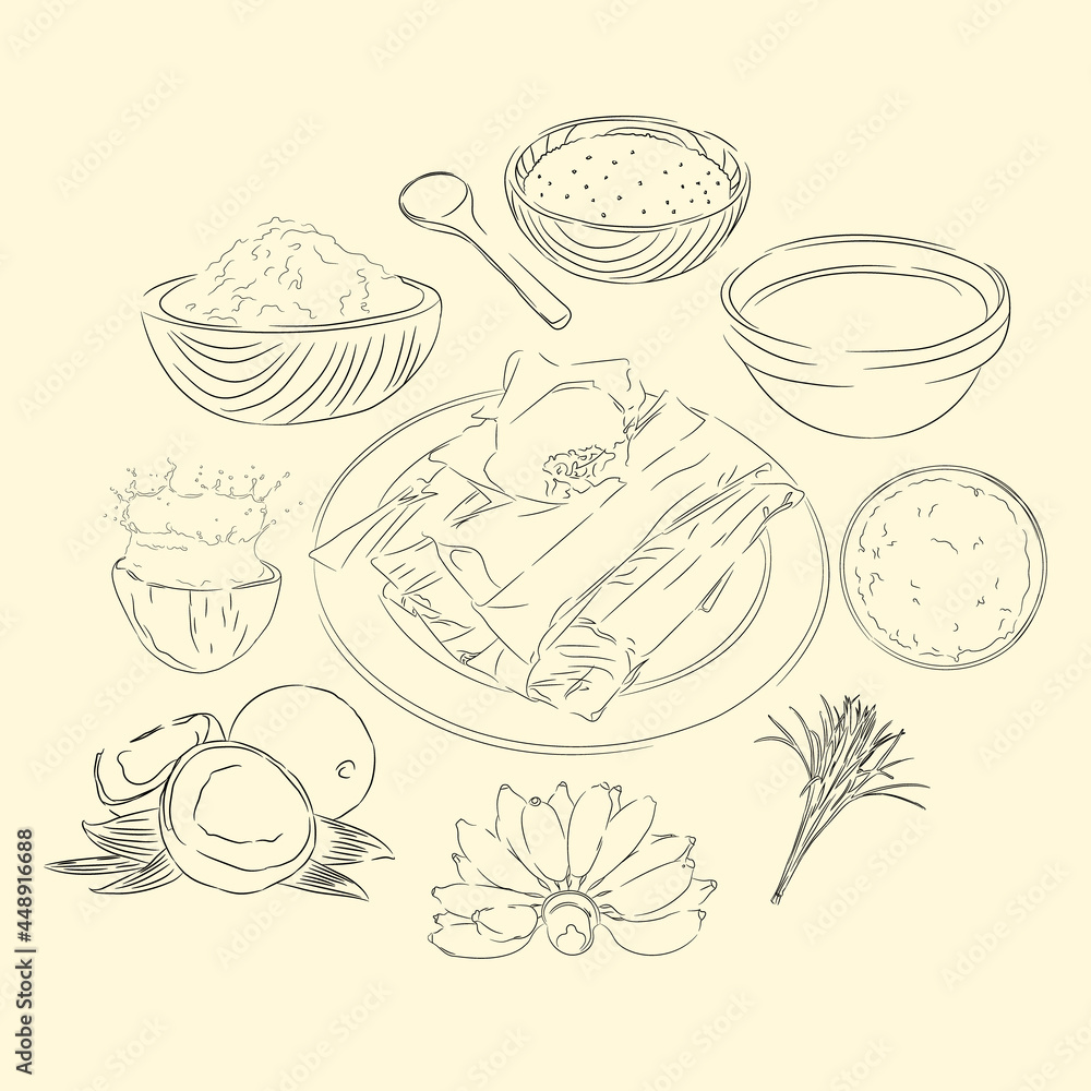 Timphan And Ingredients Illustration Sketch Style. Traditional Food From Aceh. Good to use for restaurant menu, Indonesian cuisine, recipe book, food element and ingredients concept.