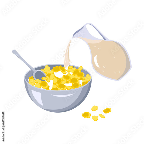 A bowl of cornflakes and a spoon. Milk is poured from a jug into a plate of food. Fast food breakfast or snack. Delicious sweet corn product.
