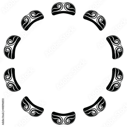 Round ethnic frame with Native American spiral motifs of Aleut Indians. Black and white silhouette.
