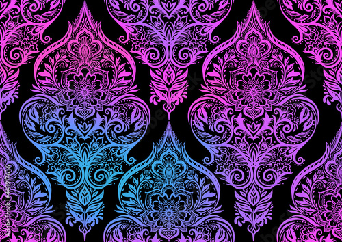 Tradition floral seamless pattern, damask vintage ornament. Royal victorian flourish wallpapper, luxury textile. Vector illustration. In neon and black colors.