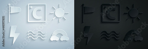 Set Waves, Sun, Lightning bolt, Rainbow with clouds, Celsius and Cone meteorology windsock wind vane icon. Vector