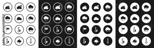 Set Cloud with rain, Sun and cloud weather, snow, Rainbow clouds, and Cone meteorology windsock wind vane icon. Vector