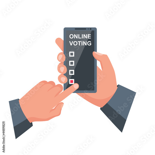 Online voting concept. Vector illustration isometric design style. A man holds a smartphone in his hand. Make your choice. Bulletin, puts in ballot box. Election vote. Politics poll.