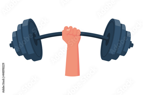 Strong concept. Barbell in hands icon. Hand of man holding a dumbbell. Vector illustration flat design. Weight lifting, train hard concept. Sports fitness life style.