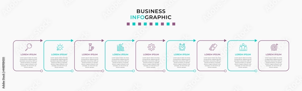 Fototapeta premium Vector Infographic design business template with icons and 9 options or steps. Can be used for process diagram, presentations, workflow layout, banner, flow chart, info graph
