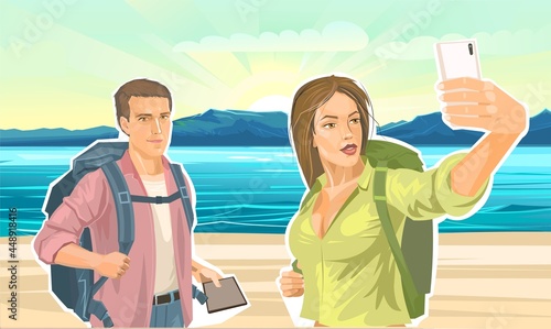 A beautiful girl tourist with a backpack makes a selfie with her boyfriend. Against the backdrop of a tropical beach, sea and mountains. Family travel. Flat style. Travel. Illustration vector