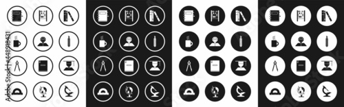 Set Office folders with papers and documents, Student, Coffee cup, Notebook, Stationery knife, Abacus, Graduate graduation cap and Drawing compass icon. Vector