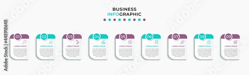 Vector Infographic design business template with icons and 9 options or steps. Can be used for process diagram, presentations, workflow layout, banner, flow chart, info graph
