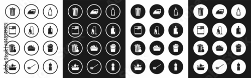 Set Plastic bottles for liquid dishwashing liquid, Vacuum cleaner, Washer, Trash can, Electric iron, Bucket with foam and bubbles and garbage bag icon. Vector